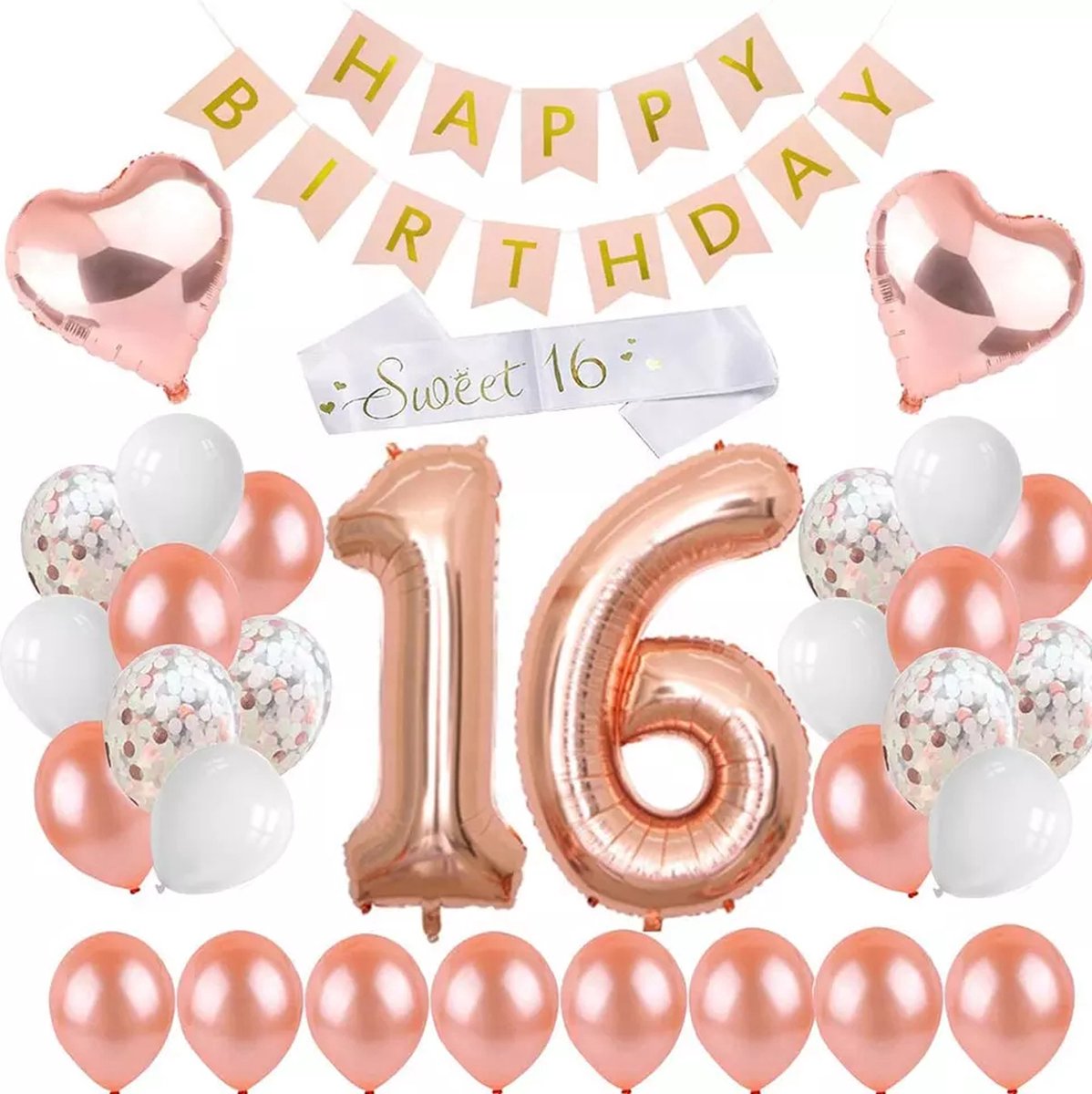 Sweet 16 versiering - Rose Gold versiering - Happy Birthday - Verjaardag Versiering 16 Jaar - Verjaardag - Ballonnen - Sweet 16 Sjerp - Decoratie set -