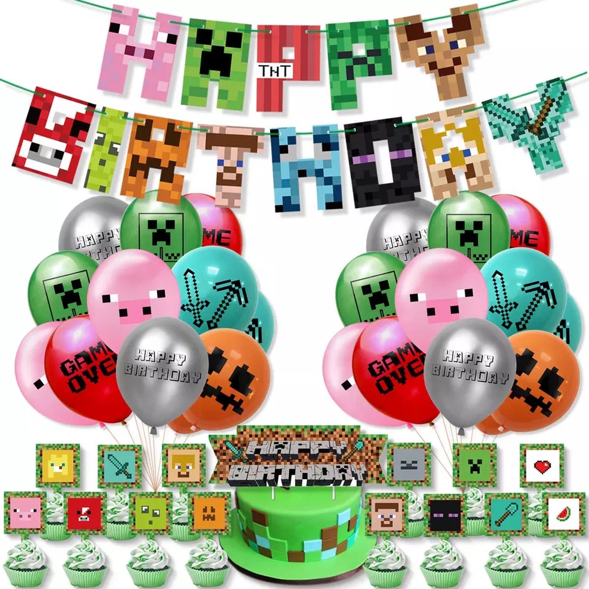 Verjaardag Versiering - Minecraft Thema - Happy Birthday Slingers - Ballonnen - Decoratie - Cake Toppers - Taart Topper - Vlaggenlijn - Kinderfeestje - Minecraft