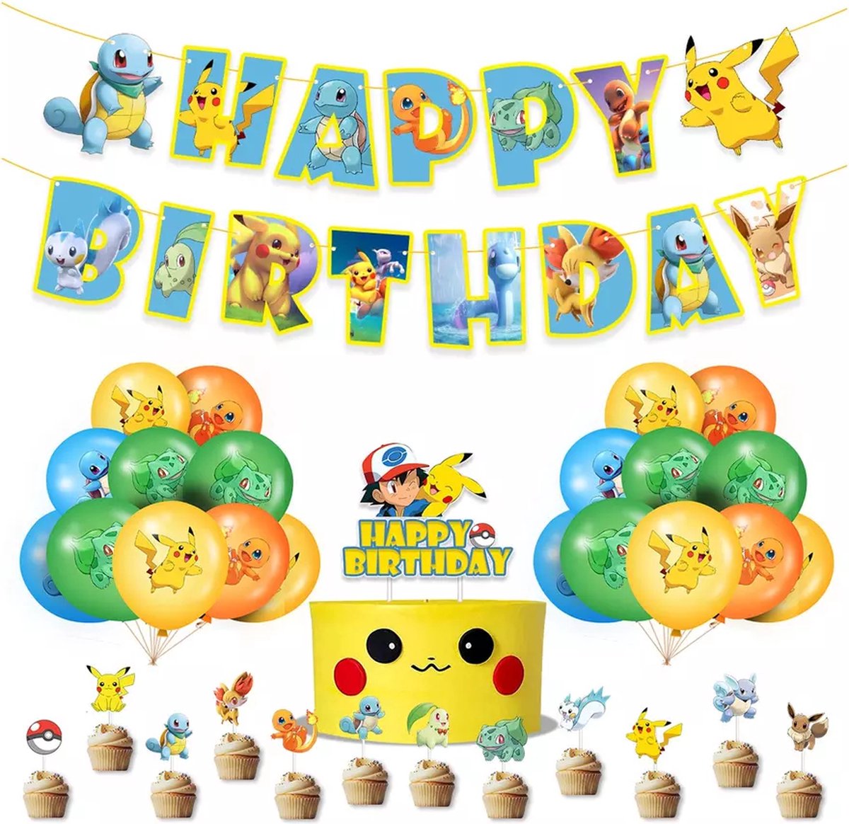 Verjaardag Versiering - Pokémon Thema - Happy Birthday Slingers - Ballonnen - Decoratie - Cake Toppers - Taart Topper - Vlaggenlijn - Kinderfeestje - Pokémon