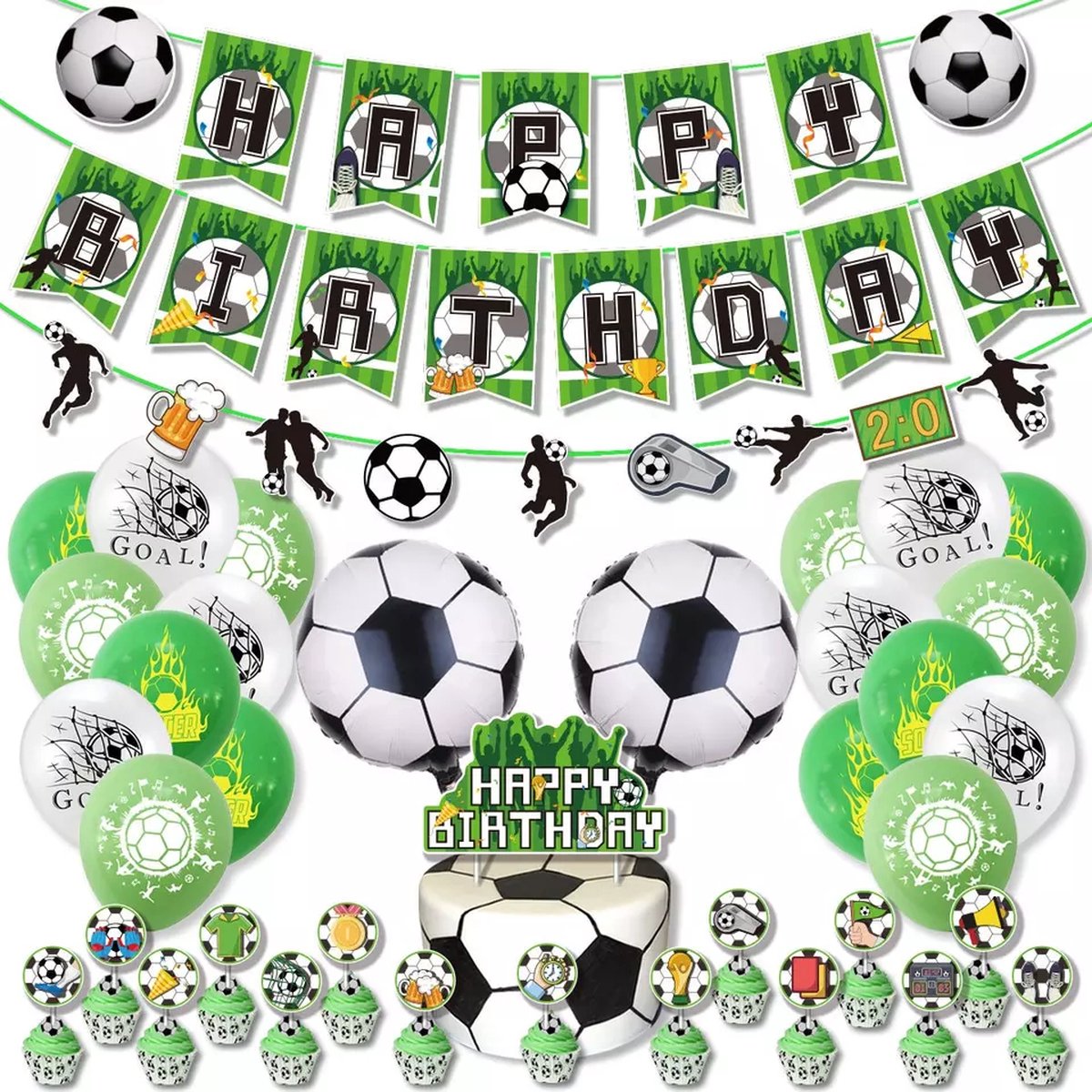 Verjaardag Versiering - Voetbal Thema - Happy Birthday Slingers - Ballonnen - Decoratie - Cake Toppers - Taart Topper - Vlaggenlijn - Kinderfeestje - Voetbal