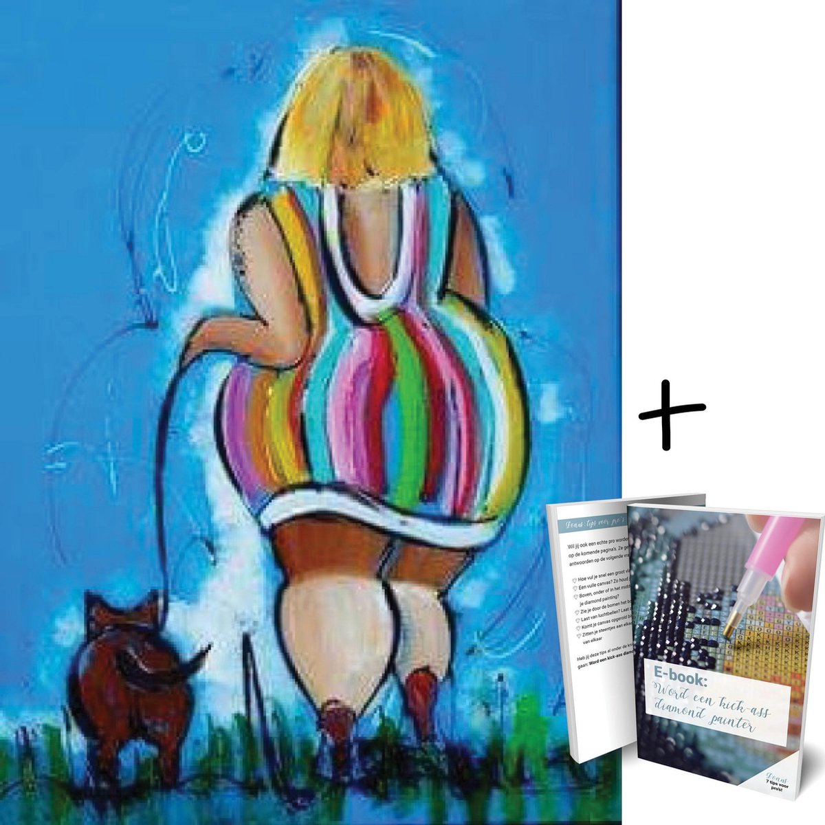 Diamond Painting Dikke Dame met Hond - 40x30cm - Rond - Met E-book - Art Diamond® - Diamond Painting Hond