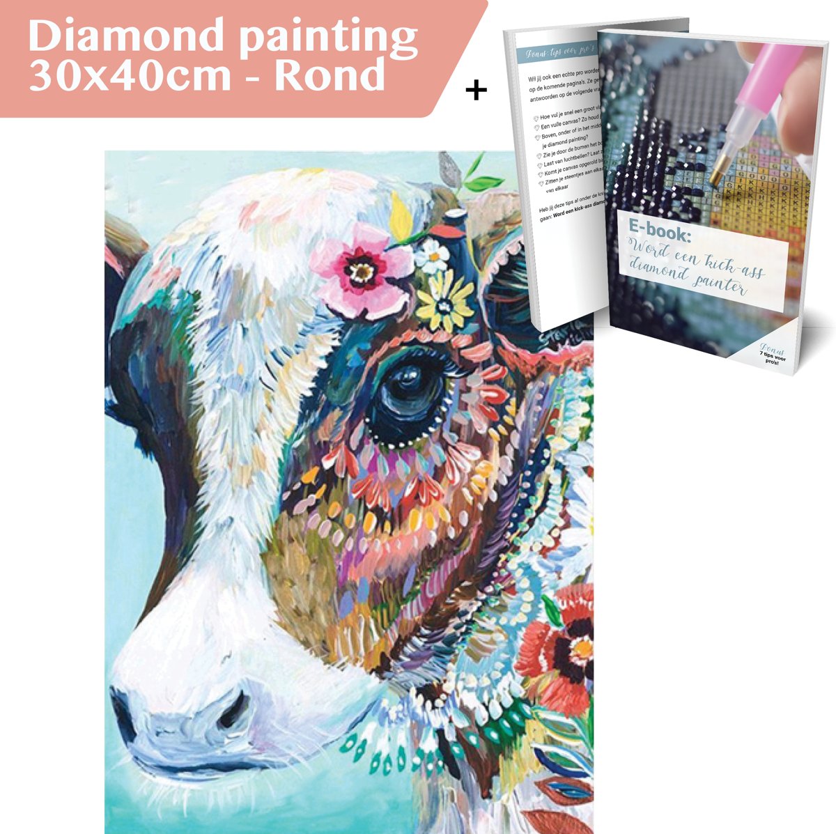 Diamond Painting Pakket Gekleurde Koe - 40x30cm - Rond - Volledig - Met e-book - Diamond Painting Volwassenen - Hobby - Diamond Painting Pakket Volledig - Pixelen - Hebron®