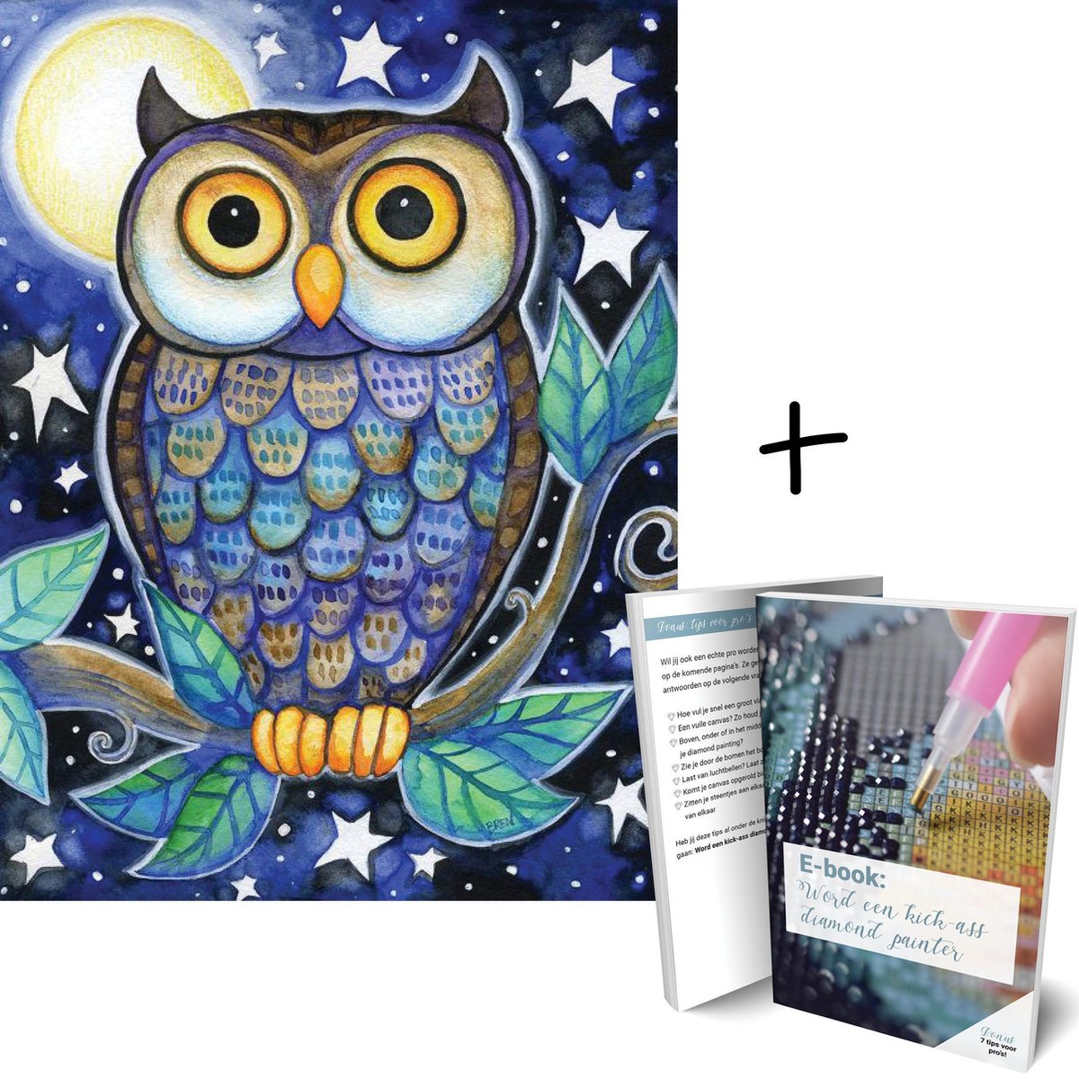 Diamond Painting Uil Blauw - 30x20cm - Rond - Met E-book - Art Diamond® - Diamond Painting Dieren