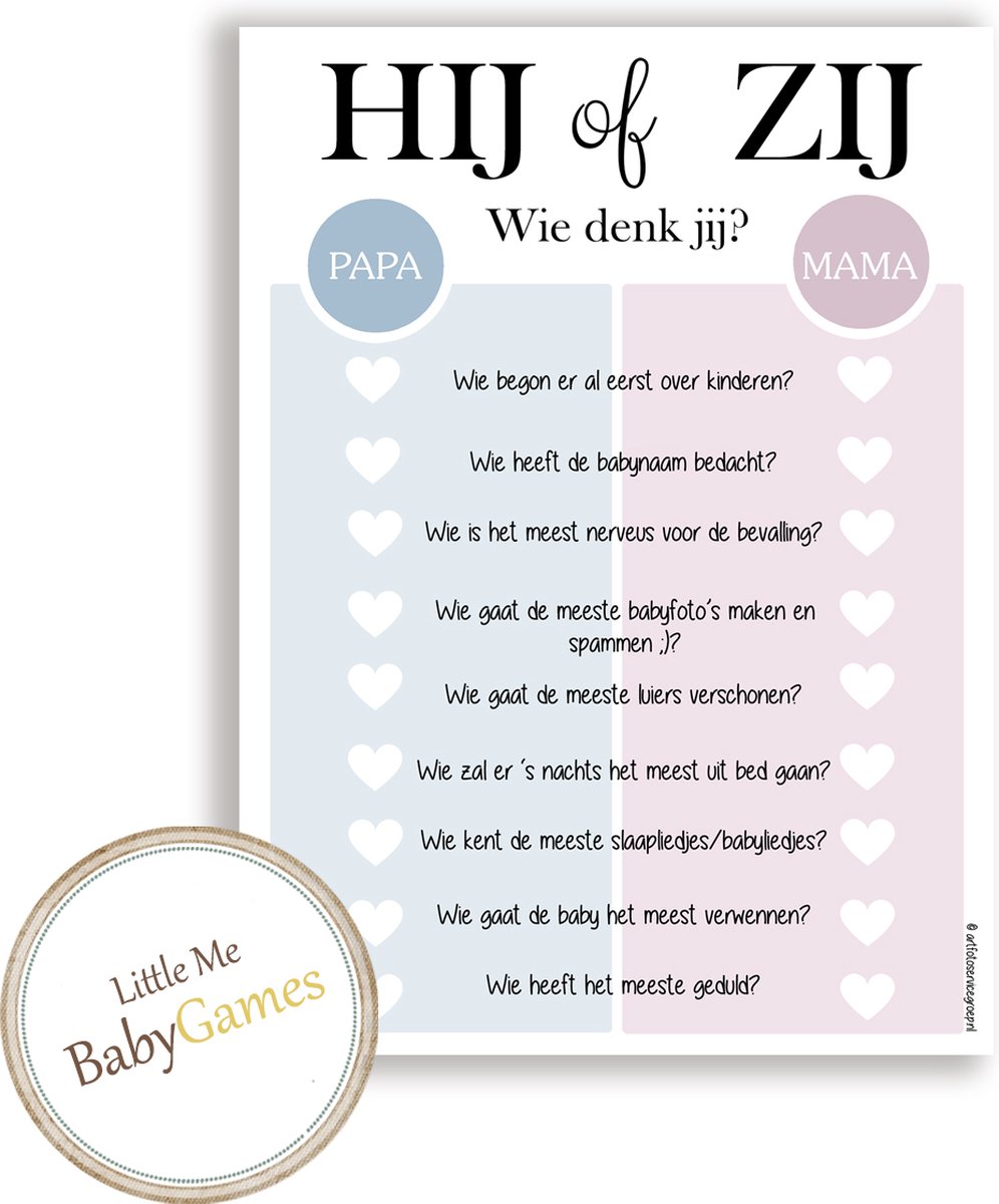 BSG320 - 20 stuks - Hij of Zij, wat denk jij?! Babygames babyshower en Gender Reveal - Hij of Zij - Oh Baby - Mama of papa? - Babykaarten - Babyshower spelletjes - Gender reveal spelletjes - babyvoorspellingen - he or she?