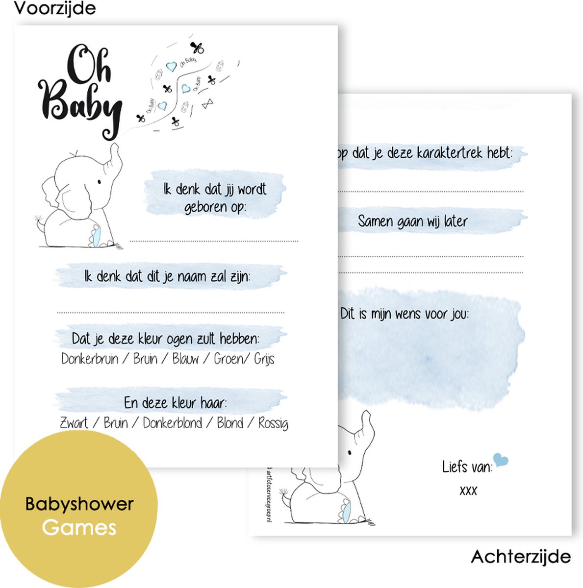 BSG501 Blauw - Babyshower invulkaarten (20 stuks) - Babyshower invulkaarten - Oh Baby - Babyshower versiering - Babykaarten - Babyvoorspellingen - Babyshower - Babyshowerspelletjes - Gender Reveal