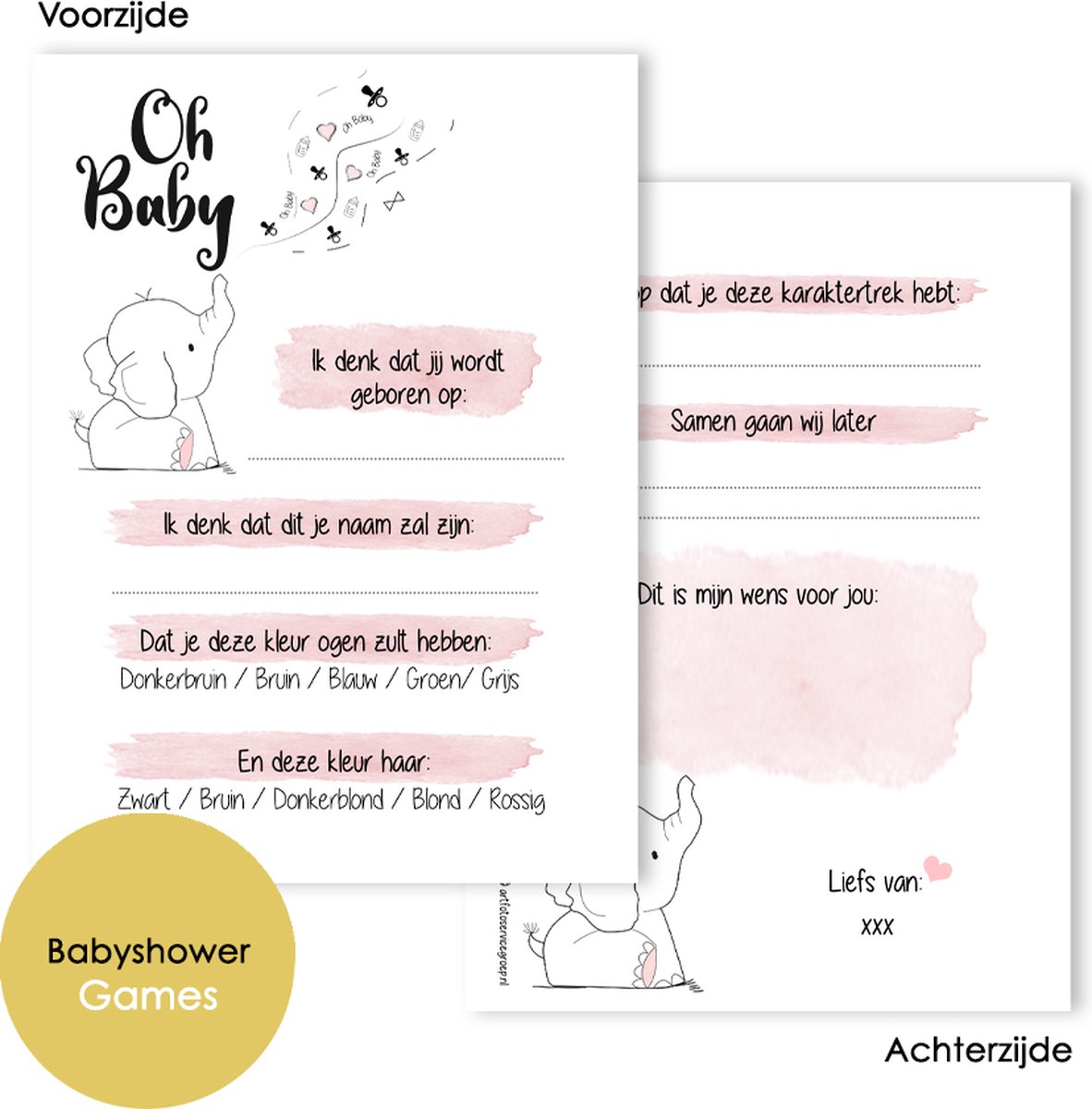 BSG501 ROZE - Babyshower invulkaarten (20 stuks) - Babyshower invulkaarten - Oh Baby - Babyshower versiering - Babykaarten - Babyvoorspellingen - Babyshower - Babyshowerspelletjes - Gender Reveal