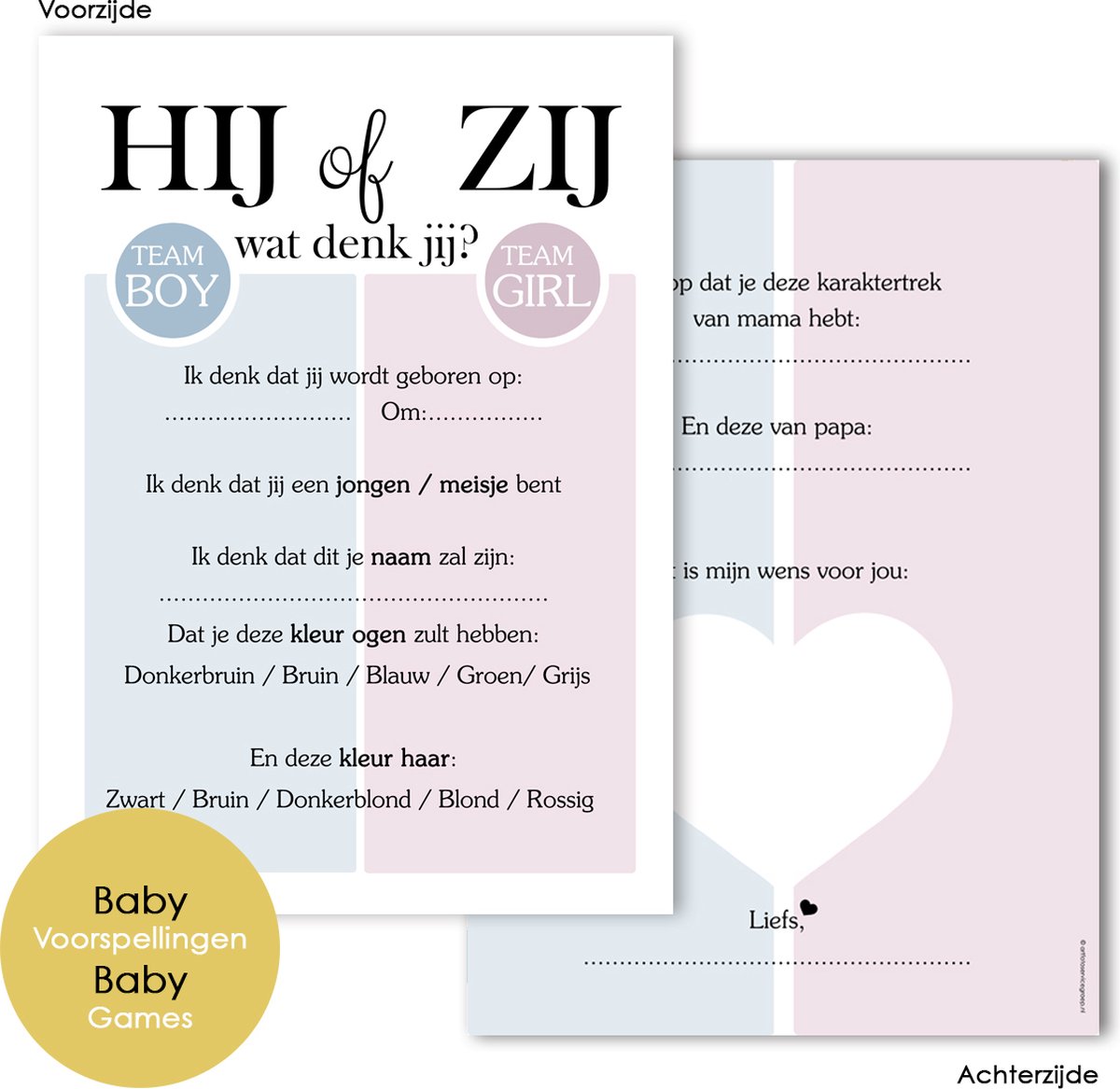 Hij of Zij, wat denk jij?! Babyshower invulkaarten BSG319  (20 stuks) - Oh Baby - Babykaarten - Babyvoorspellingen - Babyshower - Babyshowerspelletjes - Gender Reveal - Invulkaarten