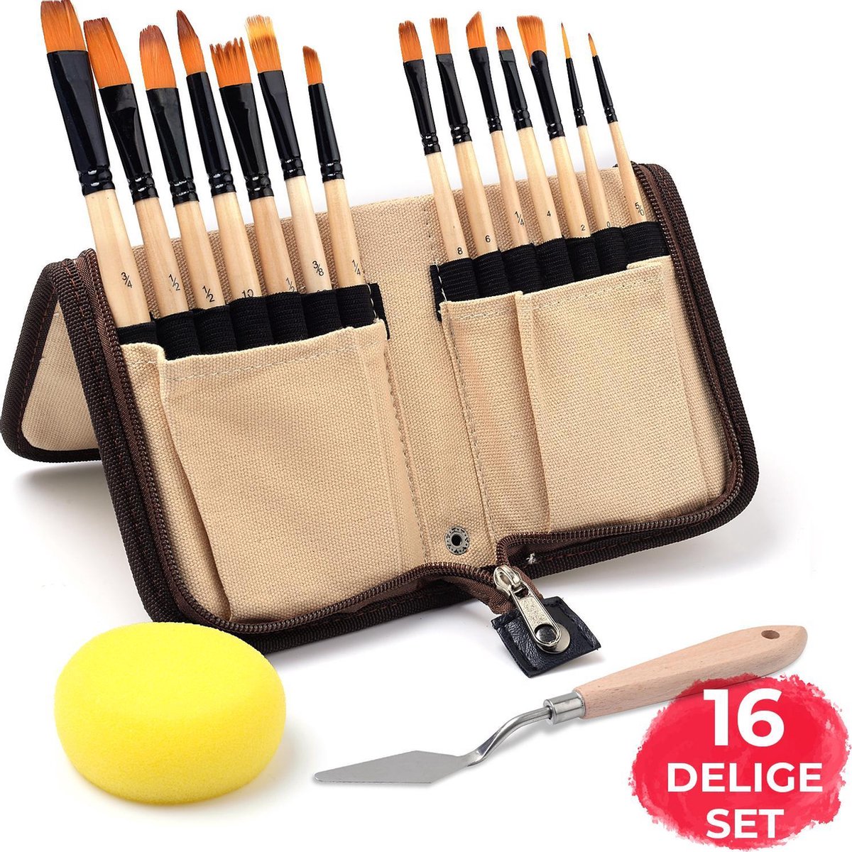 ARTECO® 16-delige Penselen Set - Inclusief Spons en Paletmes – Acrylverf - Aquarelverf - Olieverf - Waterverf  – Penseel Set – Kwasten