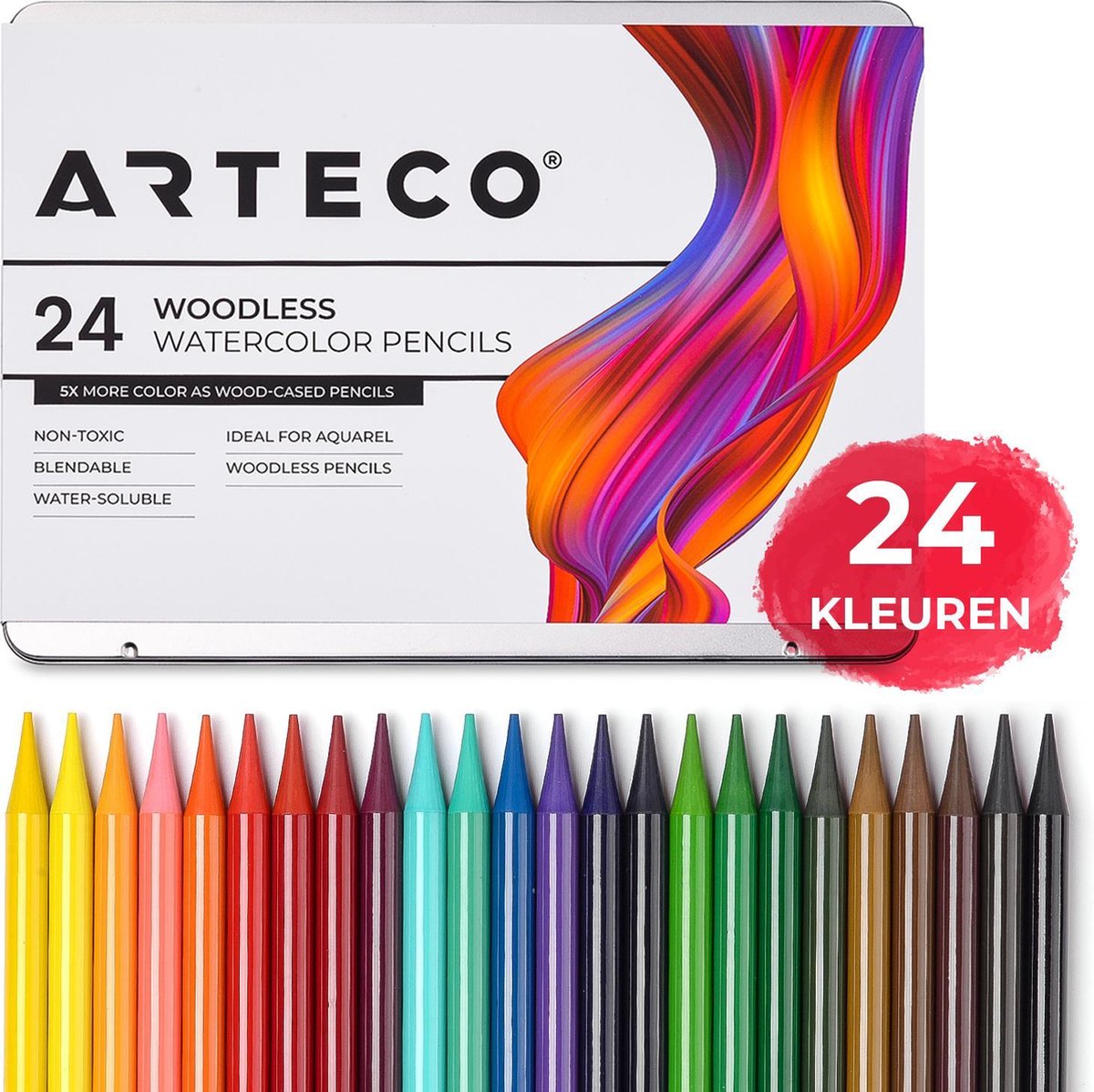 ARTECO® 24 Houtloze Aquarel kleurpotloden - Aquarelverf Set - Handlettering - Bullet Journal – Waterverfpotloden - Woodless