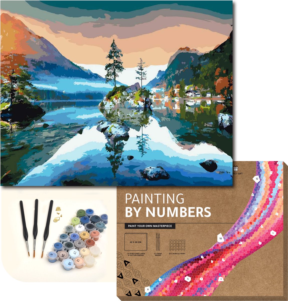 ARTECO® Schilderen Op Nummer – Painting By Numbers – Volwassenen + Kinderen – Met Frame – Meer aan berglandschap