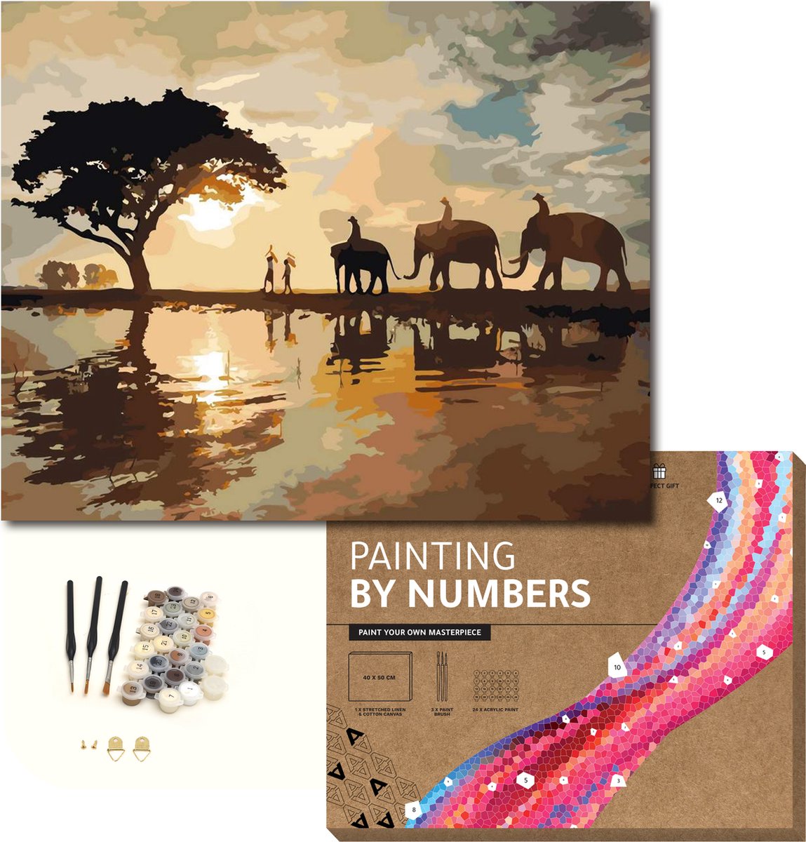 ARTECO® Schilderen Op Nummer – Painting By Numbers – Volwassenen + Kinderen – Met Frame – Olifanten in savanne