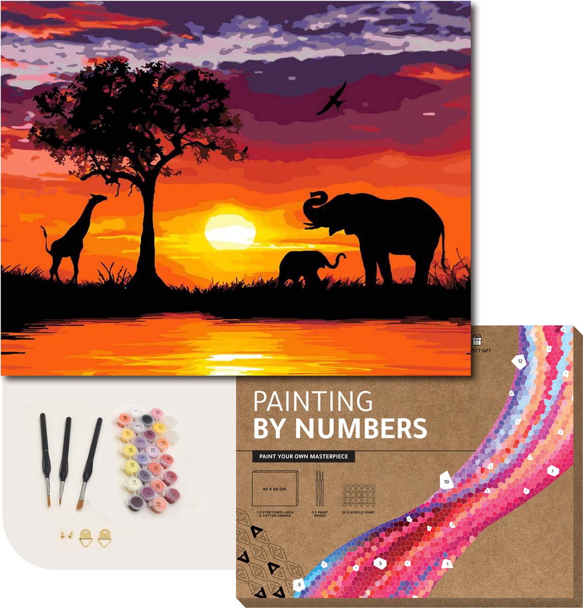 ARTECO® Schilderen Op Nummer – Painting By Numbers – Volwassenen + Kinderen – Met Frame – Savanne bij avondgloed