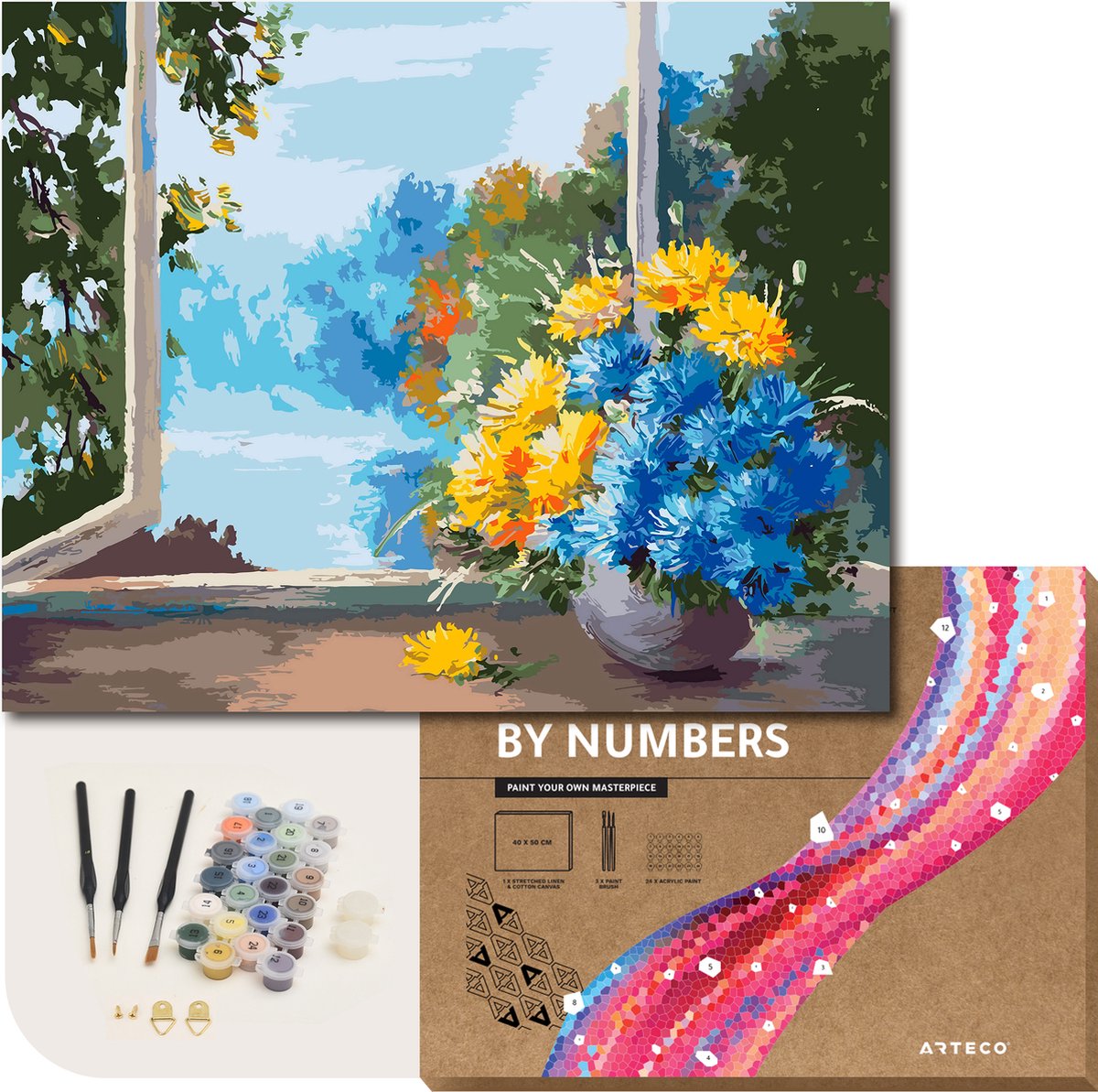 ARTECO® Schilderen Op Nummer – Painting By Numbers – Volwassenen + Kinderen – Met Frame – Venster met bloemen