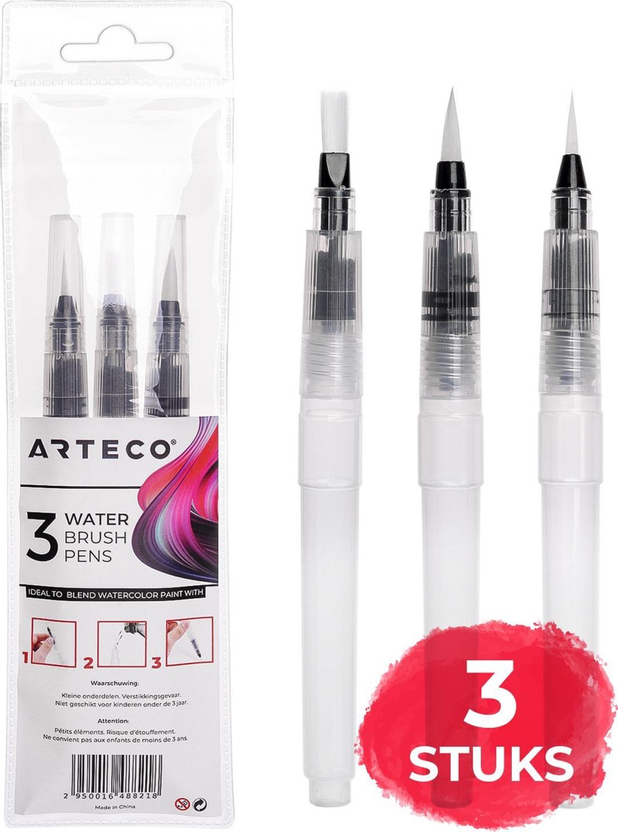 ARTECO® Set 3 Stuks Waterbrush Pennen (2 Punt + 1 Plat) - Navulbaar Penseel – Brushlettering & Kalligrafie