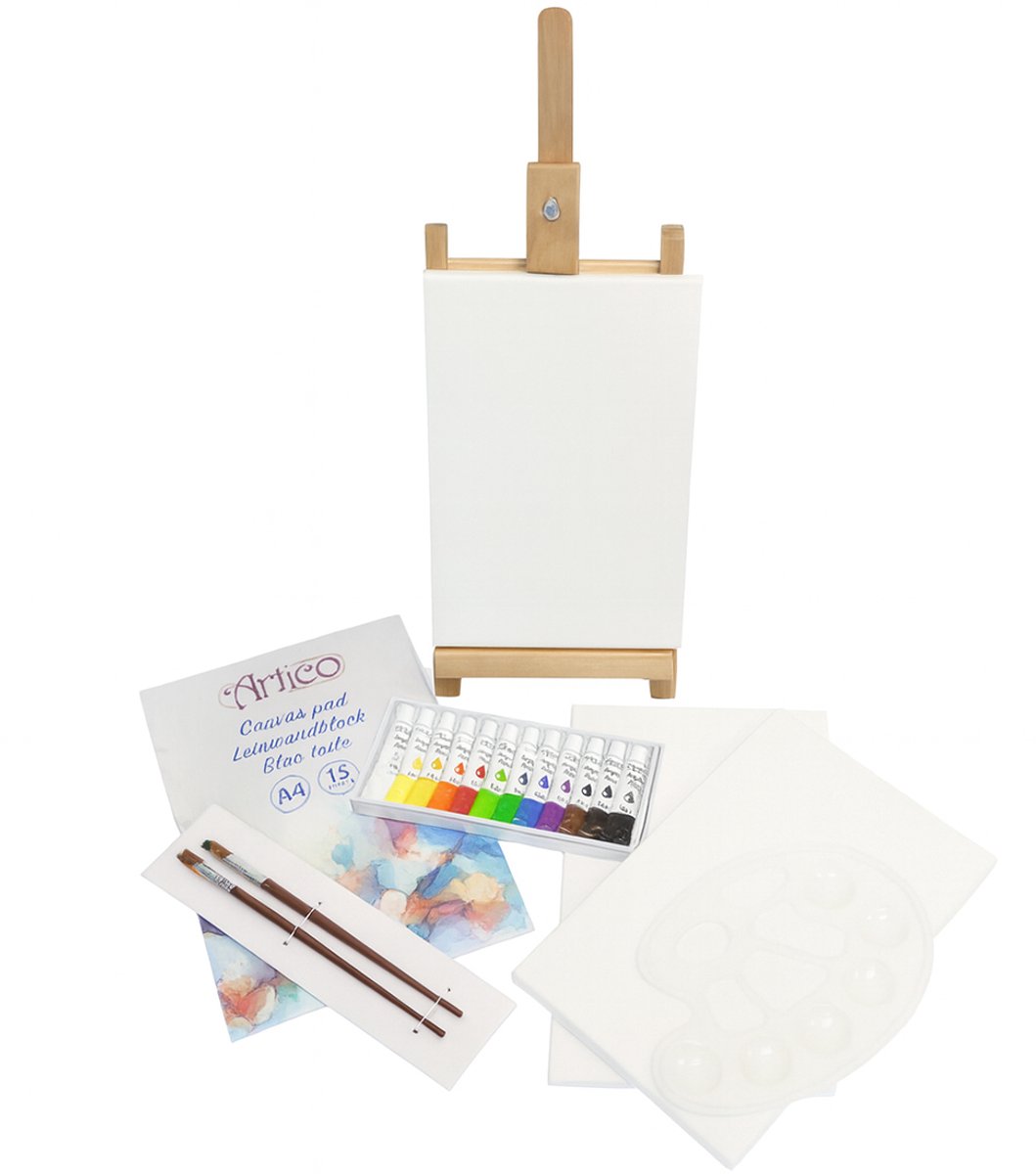   Artist Set - 21-delige set - Tafel-ezel, Canvas, Penselen & 12 Acrylverfkleuren