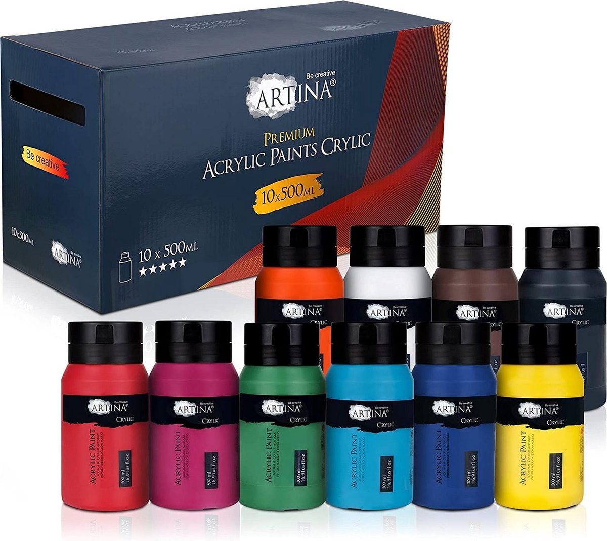 Artina Acrylverf Set Crylic 10 stuk - 500ml Flessen Schilderij Set Kleurrijke Verf Set - Levendige Kleuren