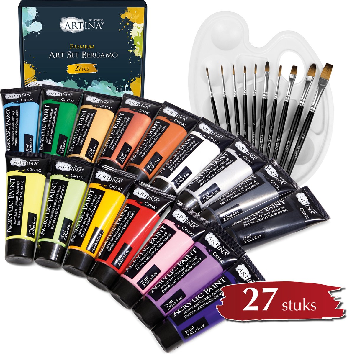 Artina Bergamo – 27-delige Beginners Acrylverf Set met 12 Acrylverven à 75 ml, 4 Metallic Acryl Verf, Set van 10 Penselen & 1 Mengpalet