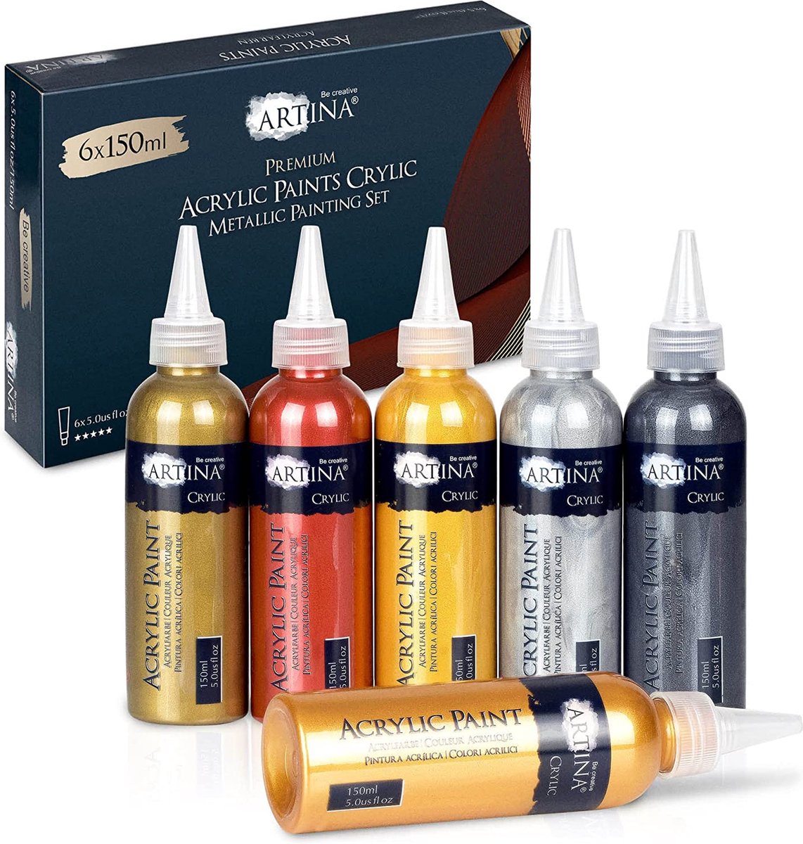 Artina Crylic - Acrylverf Set Metallic 6x150ml - Acrylverf Goud, Zilver, Brons, Koper - Lichtgevende Acrylverf voor Canvas, Klei, Papier, Beton