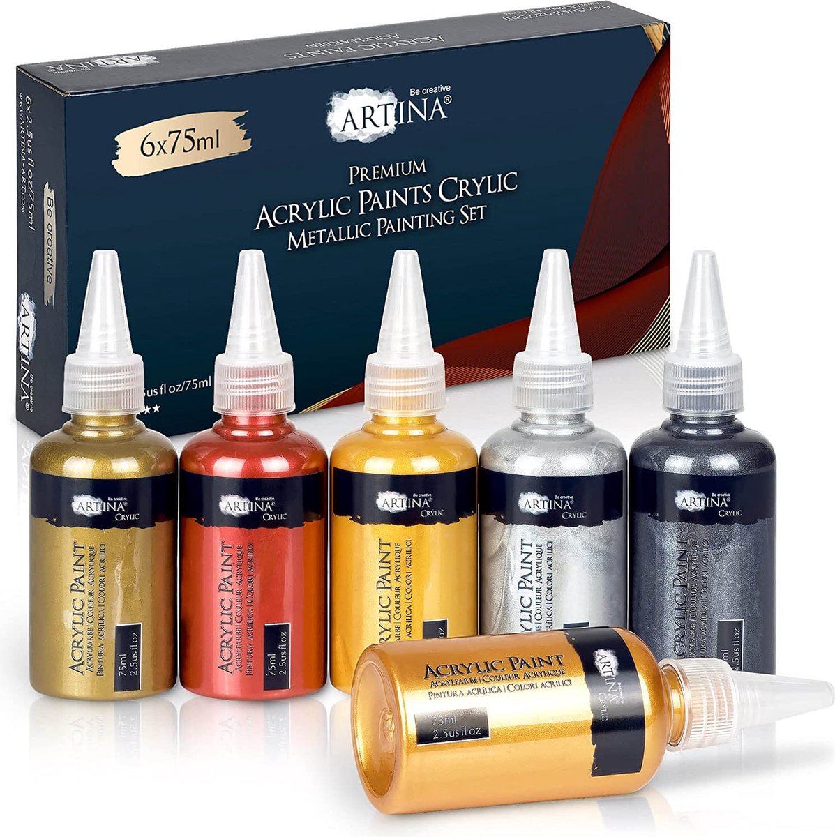 Artina Crylic - Acrylverf Set Metallic 6x75ml - Acrylverf Goud, Zilver, Brons, Koper - Lichtgevende Acrylverf voor Canvas, Klei, Papier, Beton