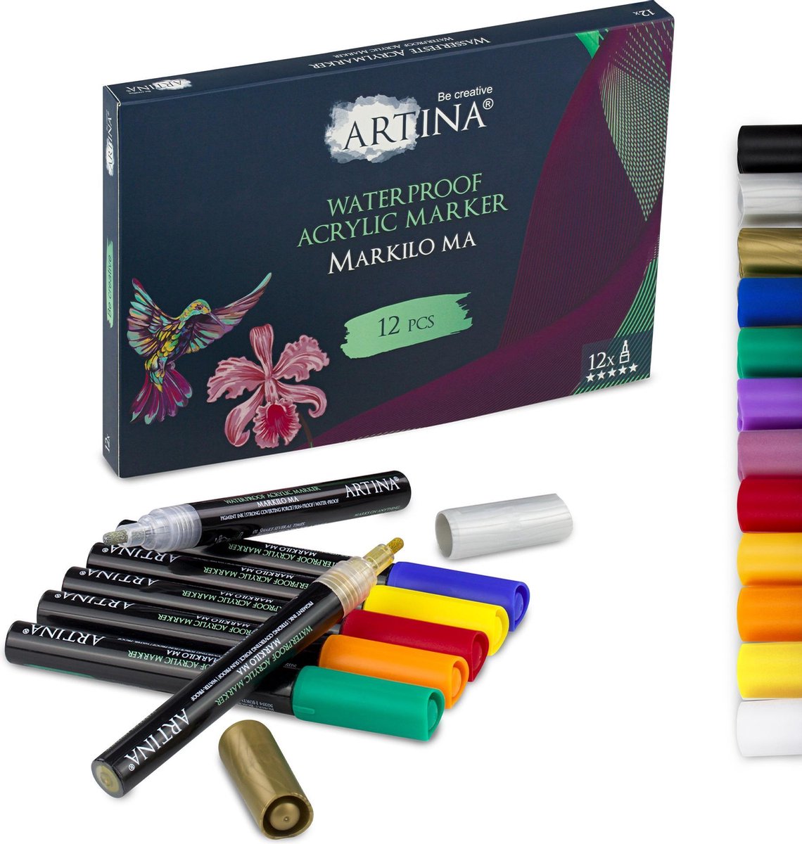 Artina Markilo MA Set van 12 Acryl Markers - Acryl Pennen – Stiften voor volwassenen Inkt Markeerstiften voor Papier Glas, Keramiek Stenen Hout Metaal