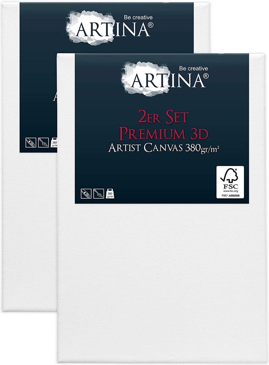 Artina Set van 2 Schildersdoeken 40x60 cm 3D Premium - Voorgerekte Doeken Wit met FSC® Houten Spieraam Stabiele Voorbehandelde Canvas Schildersdoek 380g/m²