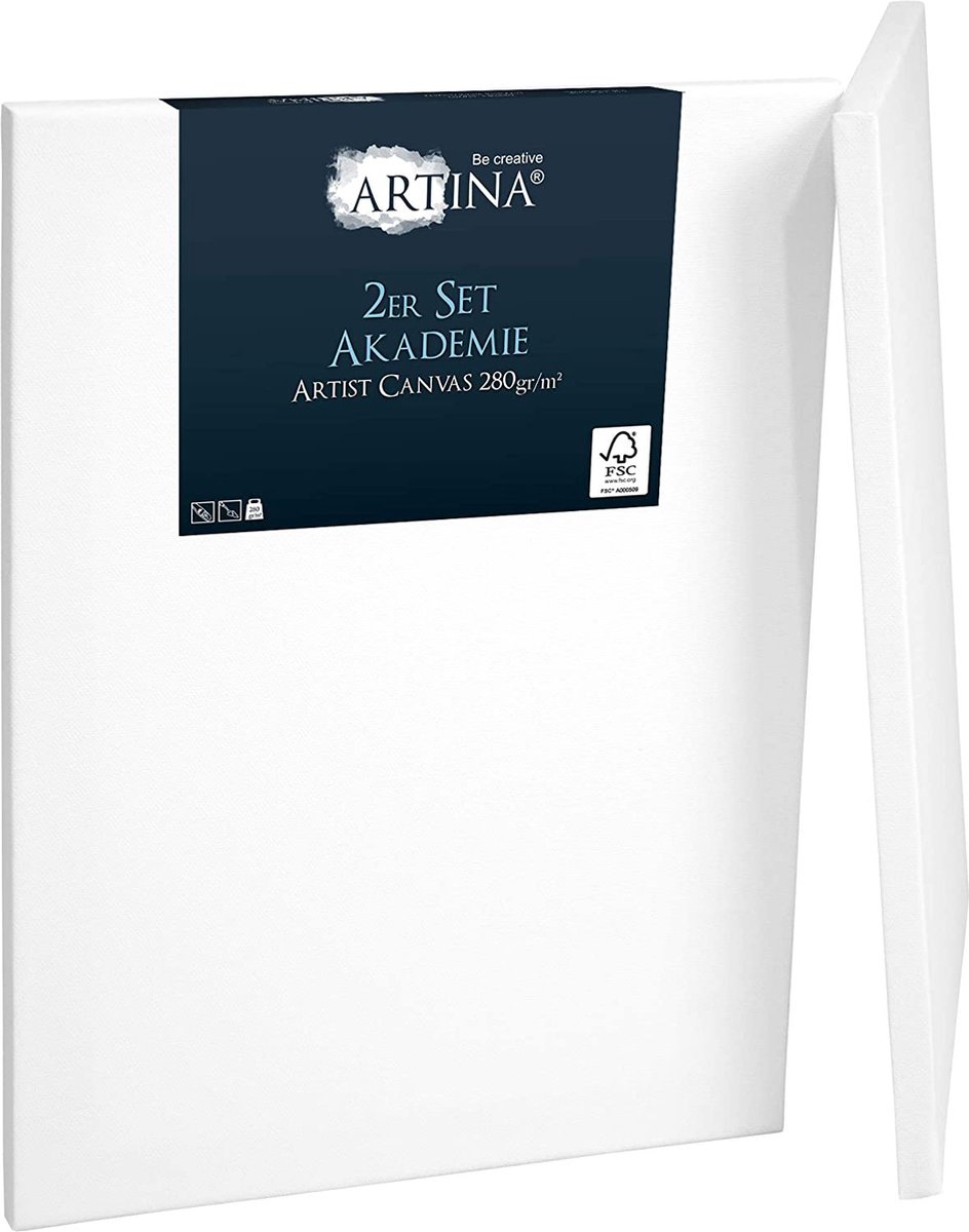 Artina Set van 2 Schildersdoeken 50x70 cm - FSC® Schildersdoek 2 Stuks - Akademie Canvas Dubbel Geprimed Spieraam Wit