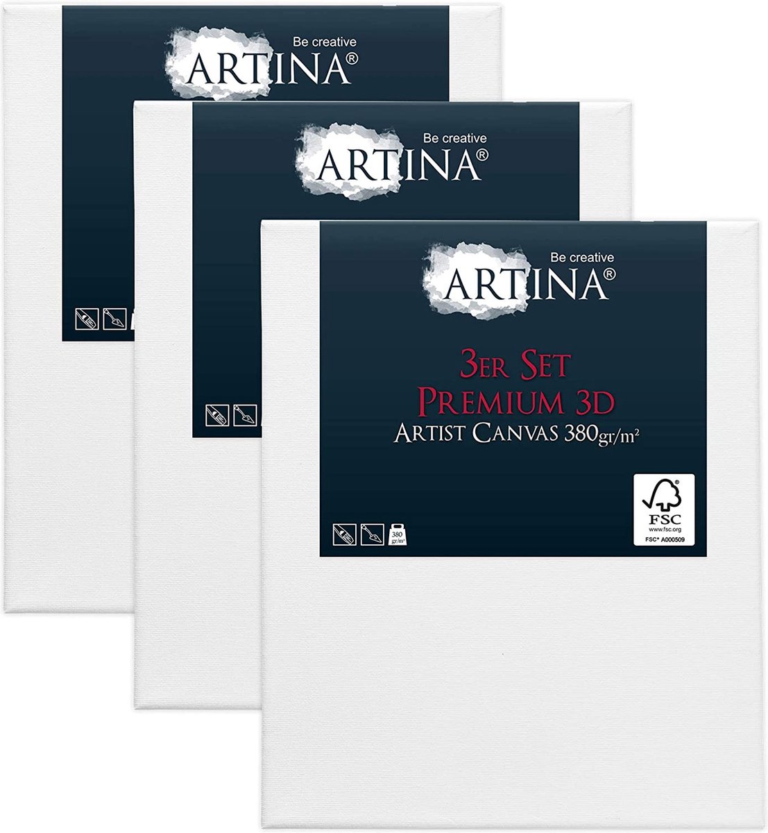 Artina Set van 3 Schildersdoeken 20x30 cm 3D Premium - Voorgerekte Doeken Wit met FSC® Houten Spieraam Stabiele Voorbehandelde Canvas Schildersdoek 380g/m²