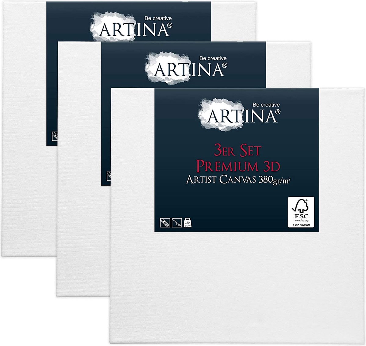 Artina Set van 3 Schildersdoeken 25x25 cm 3D Premium - Voorgerekte Doeken Wit met FSC® Houten Spieraam Stabiele Voorbehandelde Canvas Schildersdoek 380g/m²