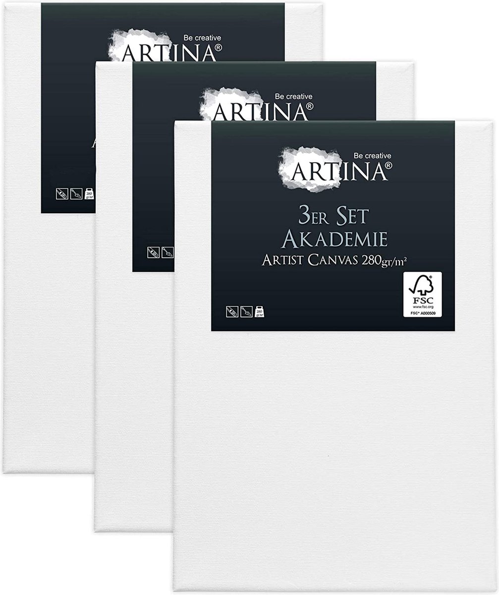 Artina Set van 3 Schildersdoeken 30x40 cm - FSC® Schildersdoek 3 Stuks - Akademie Canvas Dubbel Geprimed Spieraam Wit