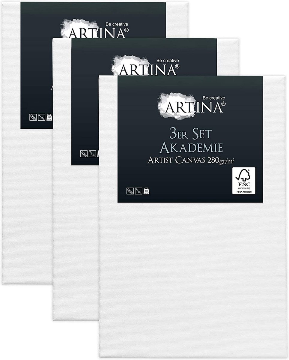 Artina Set van 3 Schildersdoeken 40x60 cm - FSC® Schildersdoek 3 Stuks - Akademie Canvas Dubbel Geprimed Spieraam Wit