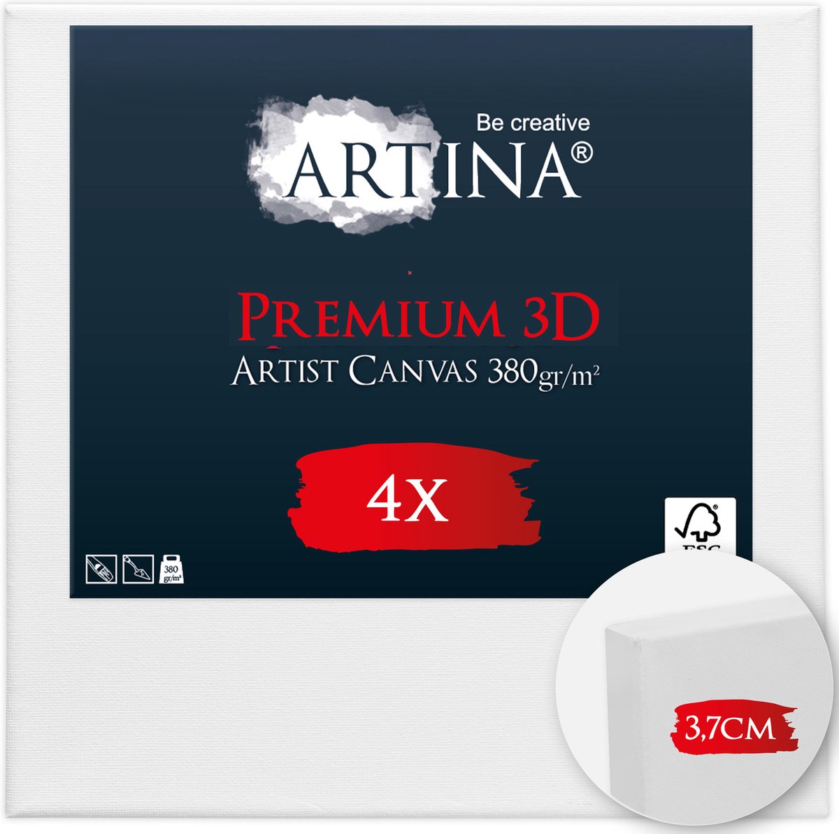 Artina Set van 4 Schildersdoeken 20x20 cm 3D Premium - Voorgerekte Doeken Wit met FSC® Houten Spieraam Stabiele Voorbehandelde Canvas Schildersdoek 380g/m²