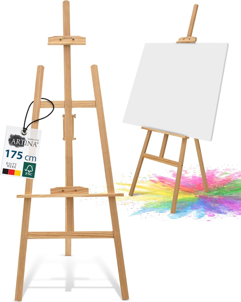   Tessin - schildersezel van hout, 175 cm hoog - FSC®-gecertificeerd grenenhout, in hoogte verstelbaar, grote en kleine spanraamhouder - schildersezel voor kinderen en volwassenen