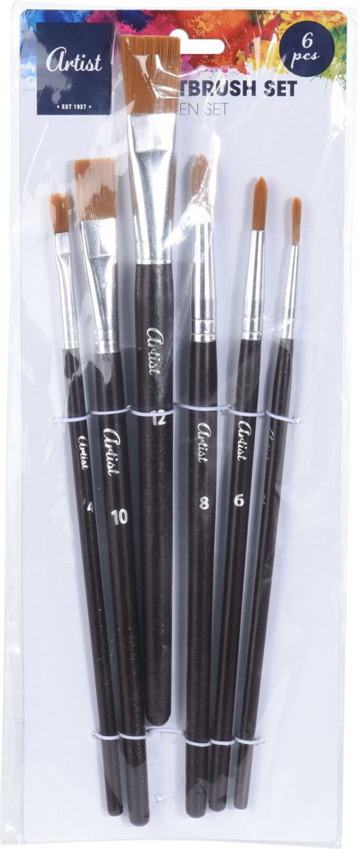 Artist & Co - Hobby schilderen penselen set van 6x stuks - Diverse formaten - Nylon/hout