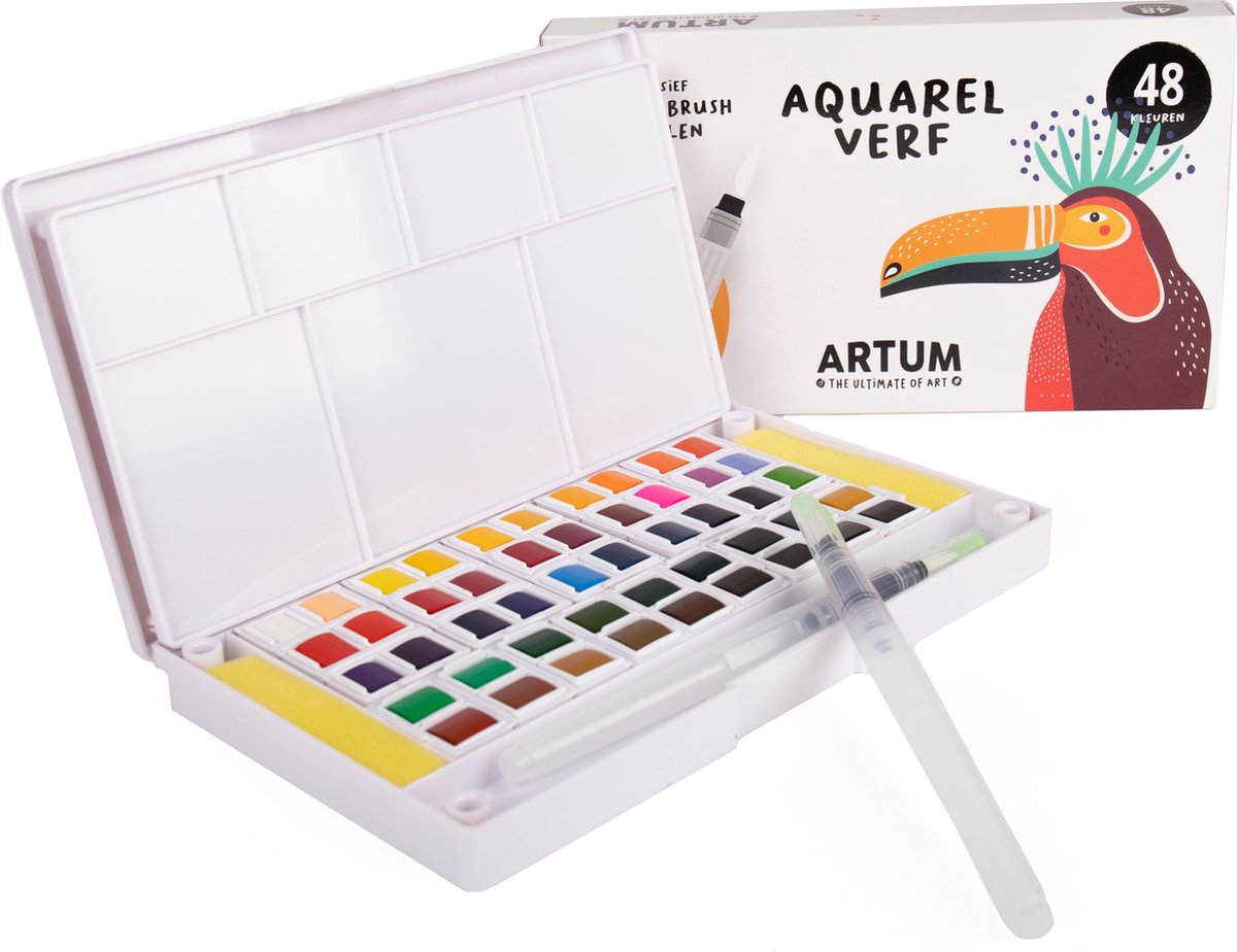 48 Kleuren Aquarelverf Beginner Set  - Inclusief 2 Water Brush Pennen  - Waterverf Pakket Volwassenen & Kinderen  - Waterbrush