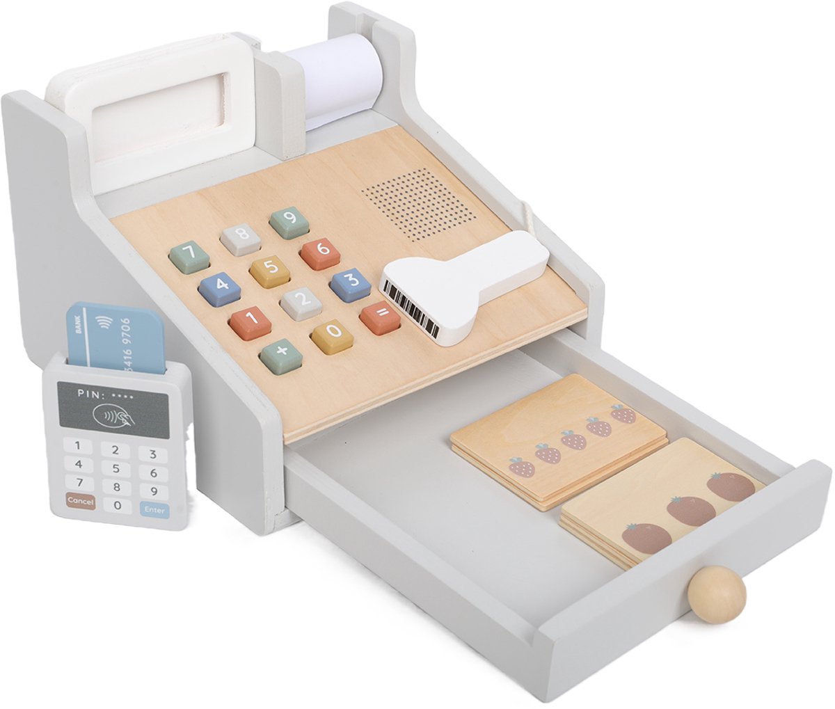   houten kassa speelgoed met scanner en pinapparaat - educatief rollenspel.