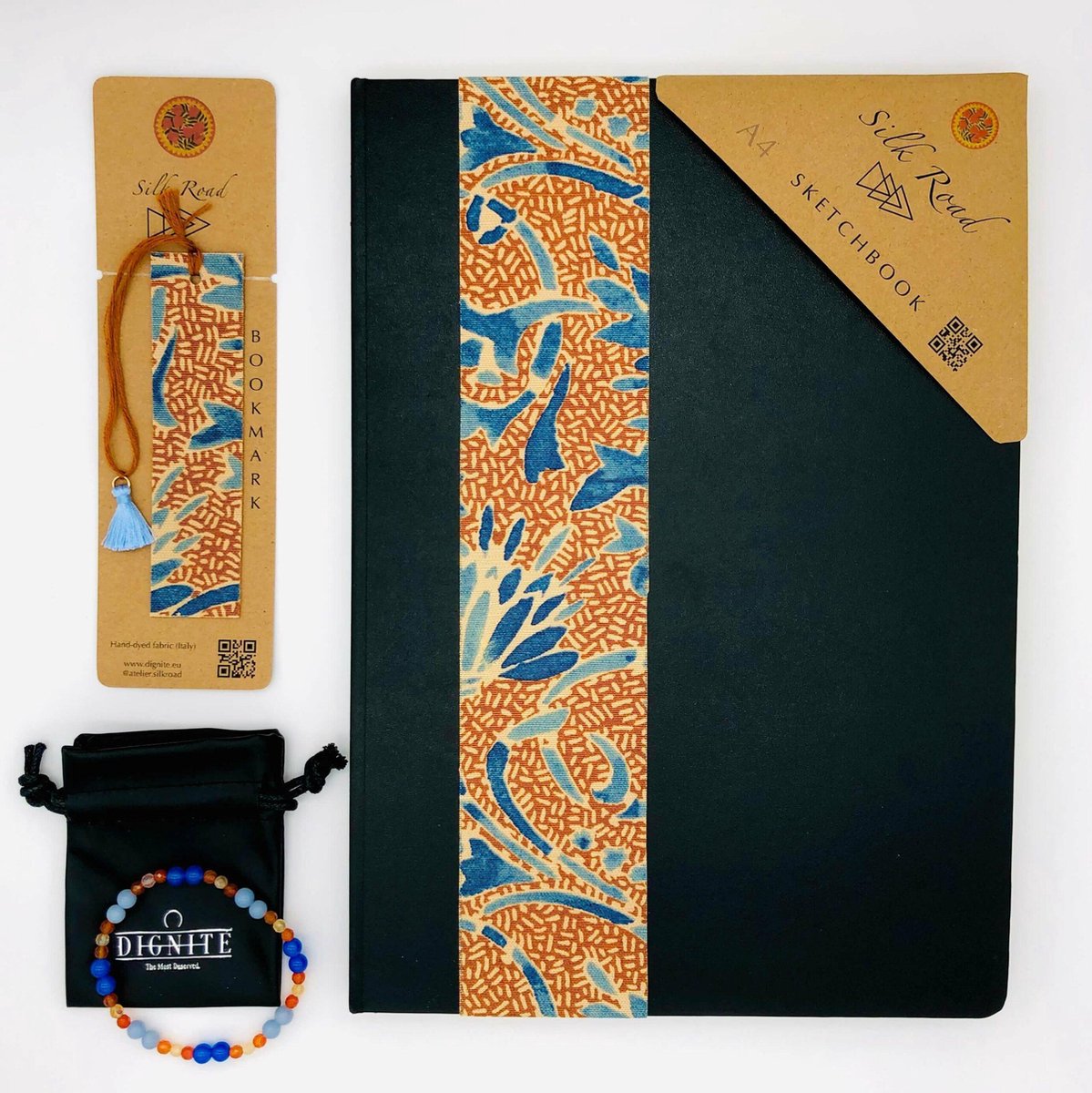 Atelier Silk Road - Set Avignon - Schetsboek A4, zijden bladwijzer, cadeauset met edelsteenarmbanden