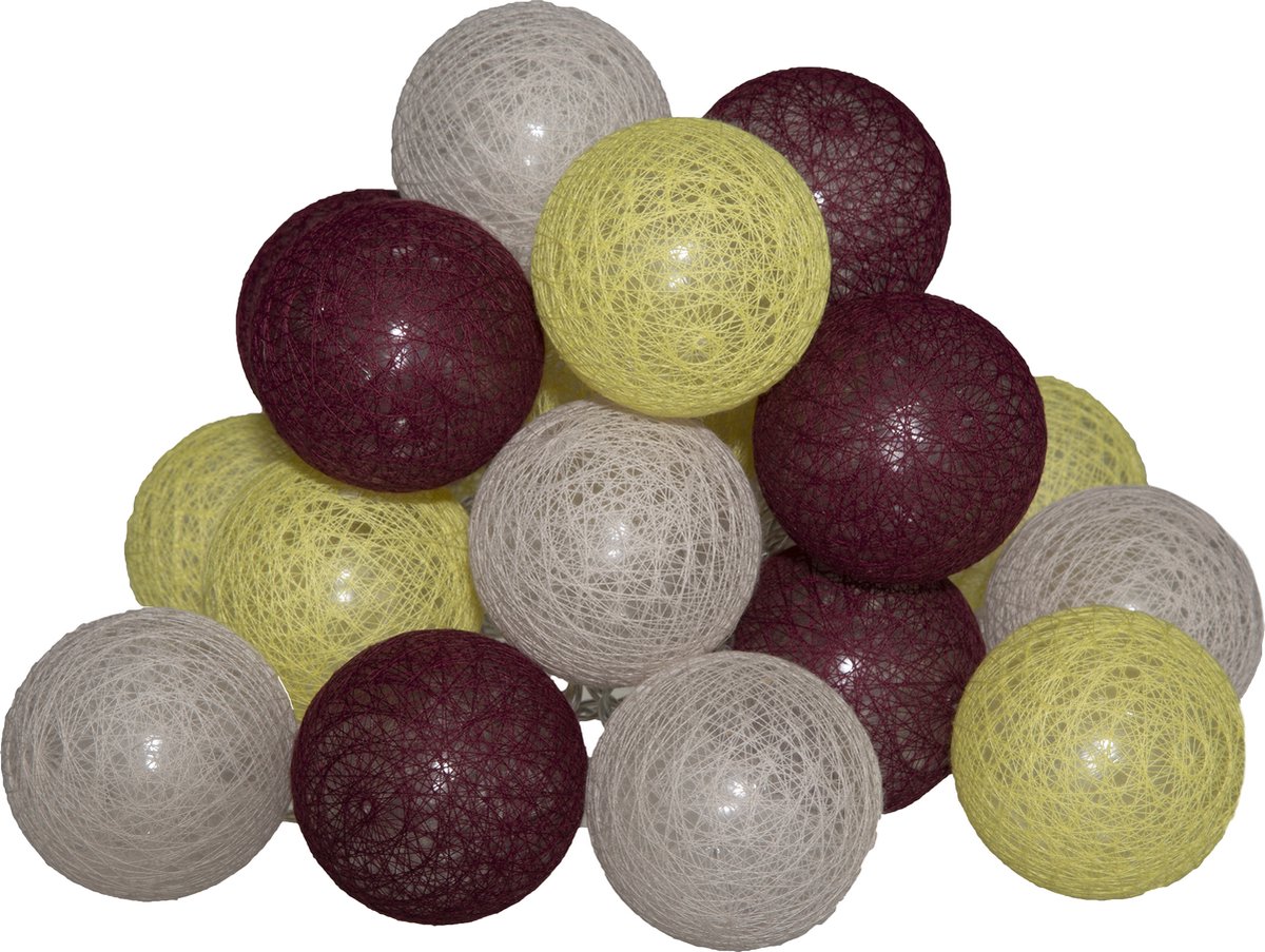 Atmosphera LED Feestverlichting Soft balletjes Geel / Bordeaux /Beige - Lichtslingers katoen - Cotton ball - 20 Ballen - Dia 6 cm - Guirlande