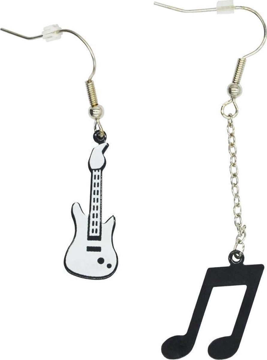 Attitude Holland Oorbellen Electric Guitar & Chain Drop Black Musical Note Wit