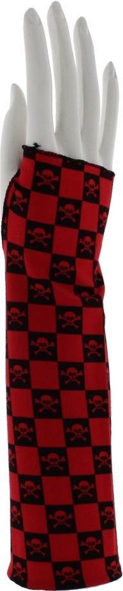 Attitude Holland Vingerloze handschoenen Red Long Checkered with Skull & Crossbones Rood