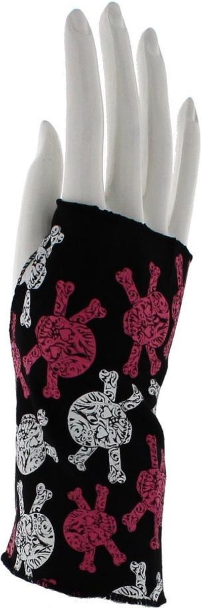 Attitude Holland Vingerloze handschoenen Short with Pink & White Coloured Skull & Crossbones Zwart/Roze