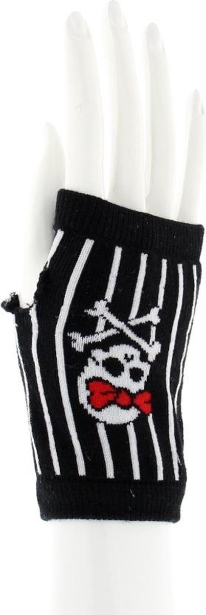 Attitude Holland Vingerloze handschoenen Striped with Skull & Crossbones with Red Bow Zwart/Rood