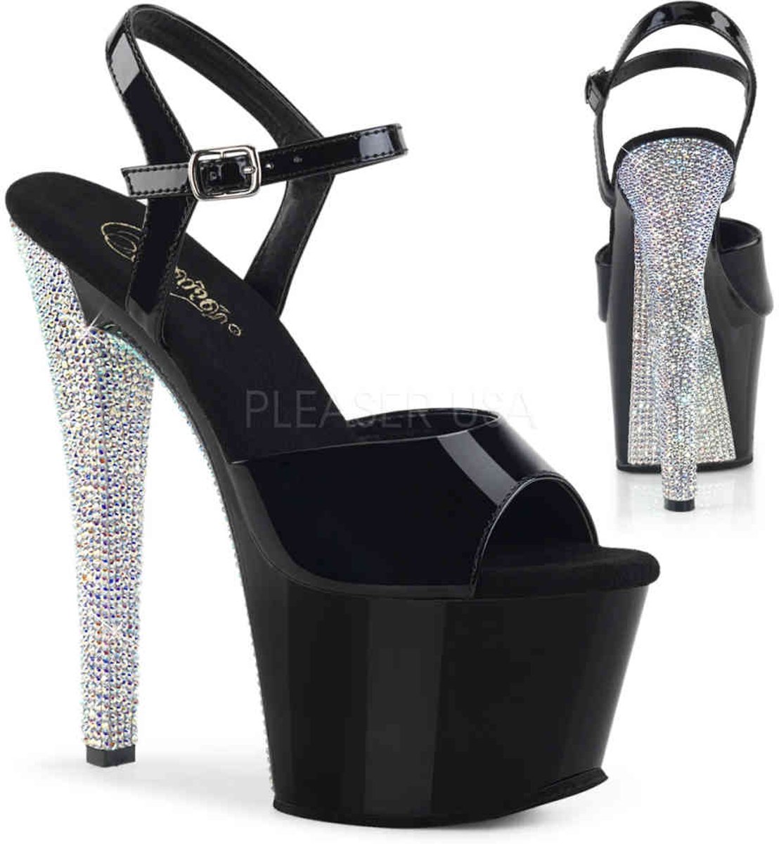 SKY-308LG (EU 35 = US 5) 7 Heel, 2 3/4 PF Ankle Strap Sandal w/ Glitter Bottom