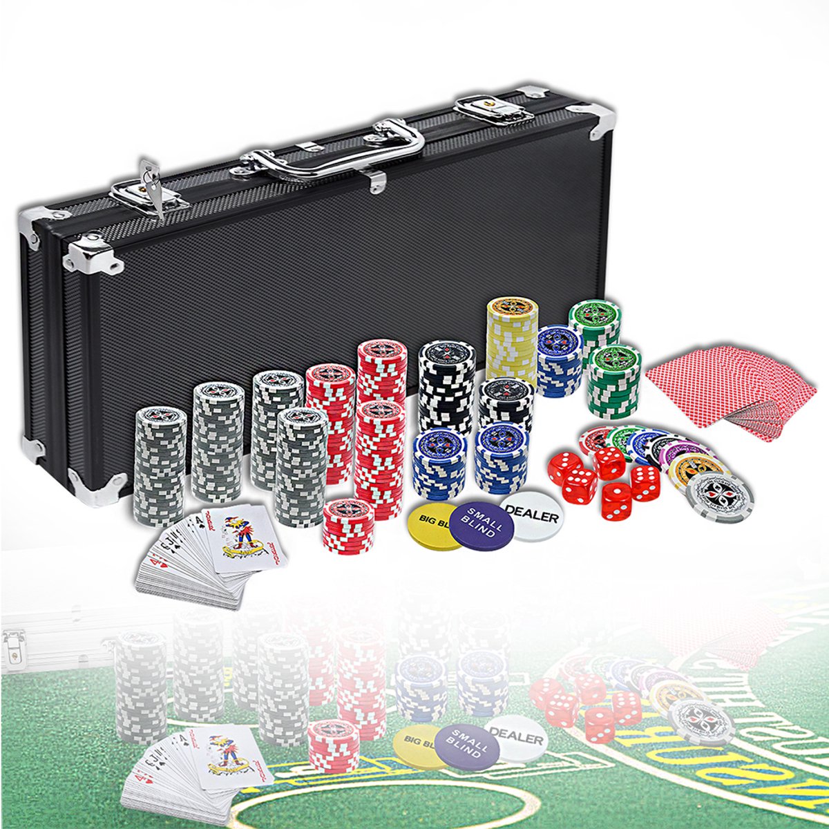   Pokerkoffer,  s Met Aluminium Koffer, 500 Laserpokerfiches, Professioneel Pokerspel, Inclusief 2 Pokerdecks, 5 Dobbelstenen, 3 Dealerknoppen (Zwart)