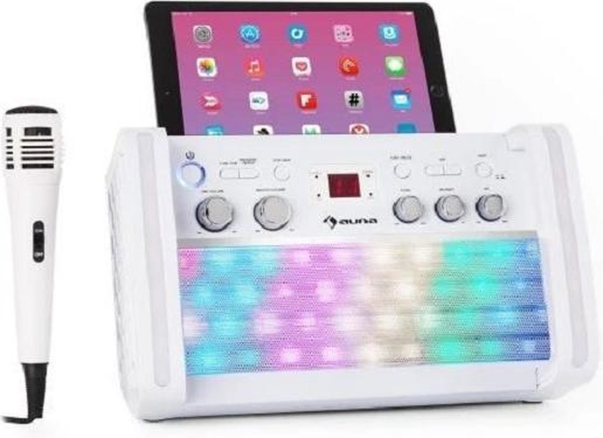 Karaoke set - Auna DiscoFever 2.0 karaoke set met CD+G, Bluetooth, microfoon met echo, tablet en telefoon houder en dansende disco LEDs - Wit