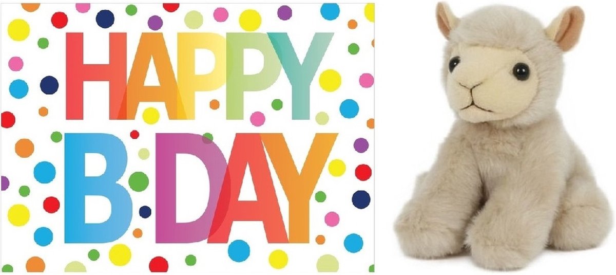 Pluche knuffel lammetje/schaap 13 cm met A5-size Happy Birthday wenskaart - Verjaardag cadeau setje - Een knuffel sturen