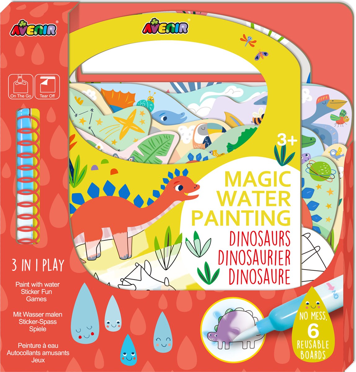 Avenir Magisch Waterschilderen: BOOK / DINOSAURUSSEN 21,7x2x22,7cm, 6  herbruikbare paginas met 3-in-1 play, 3+