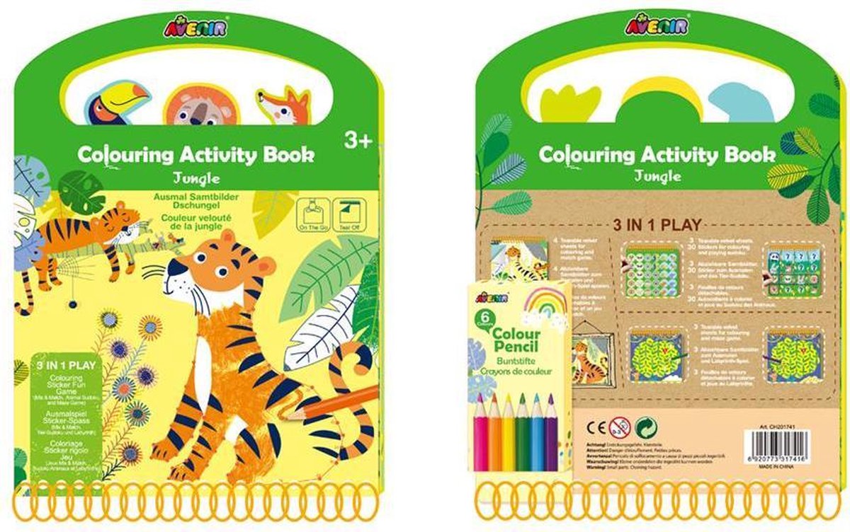 Avenir Scratch: BOOK / KLEUR & SPEL: JUNGLE 17x22.7cm, 3-in-1 play: kleuren, sticker fun en spel, 3+