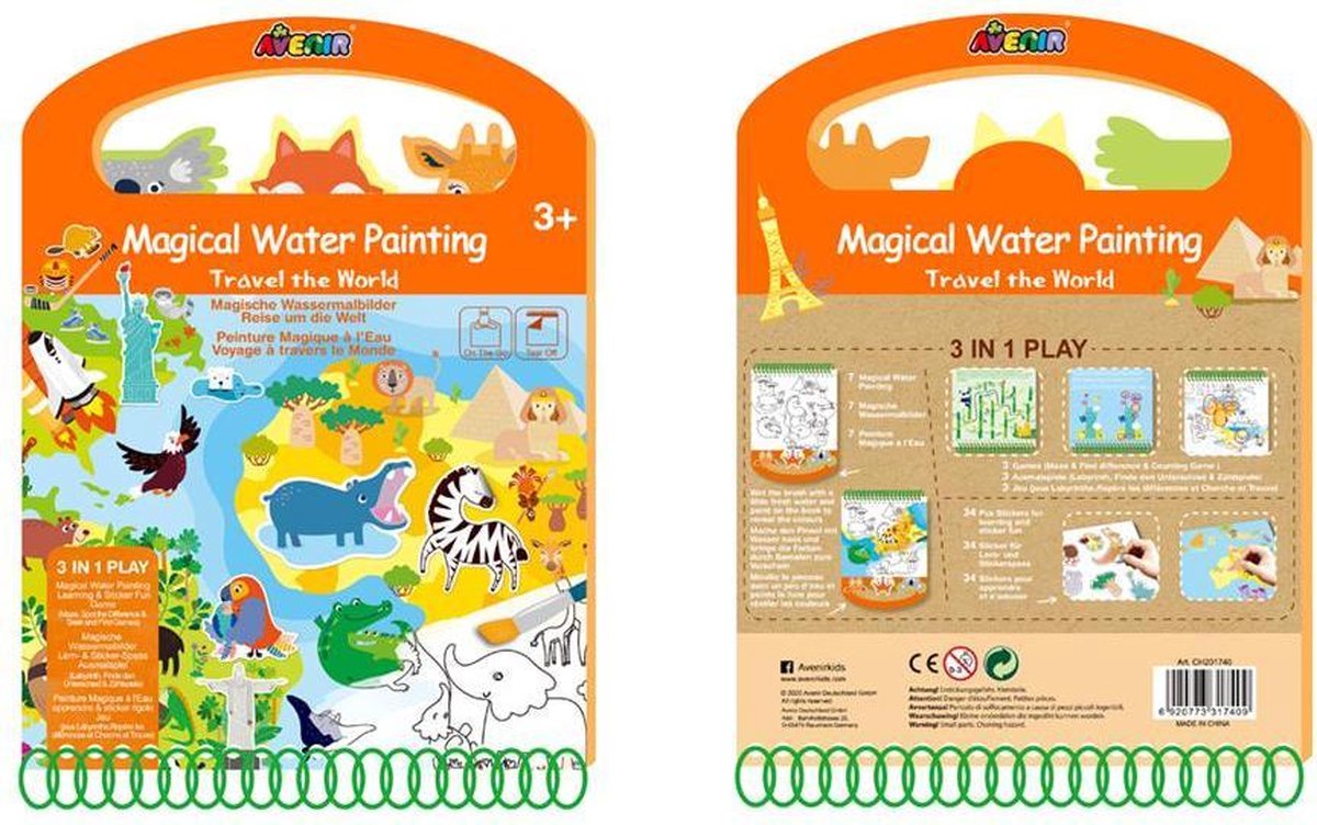 Avenir Scratch: BOOK / MAGISCH WATERSCHILDEREN: REIS ROND DE WERELD 17x22.7cm, 3-in-1 play: magisch waterschilderen, sticker fun en spel, 3+