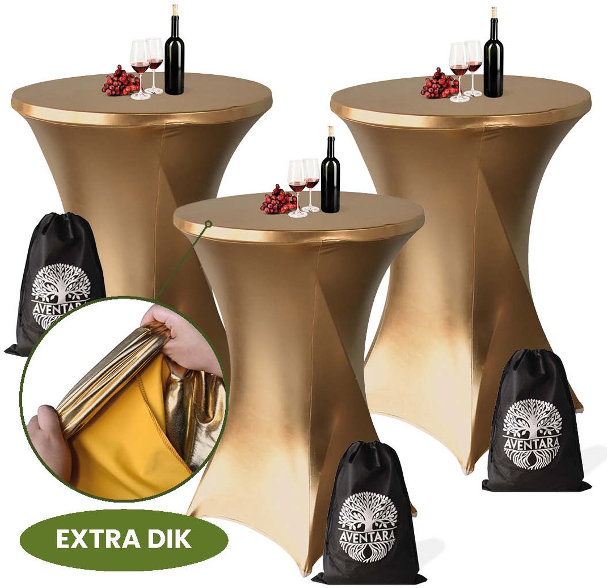 Statafelrok Goud x 3 – ∅80-85 x 110 cm – Luxe Statafelhoes – Extra Dikke Stretch Stof – Inclusief Opbergtas – Ideaal voor Bruiloften, Feesten en Cocktailparty’s