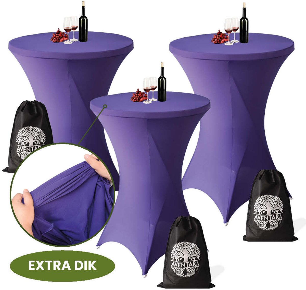 Statafelrok Paars x 3 – ∅80-85 x 110 cm – Luxe Paarse Statafelhoes Extra Dik – Stretch Stof – 3 Stuks Inclusief Opbergtas – Ideaal voor Bruiloften, Feest, Bruiloft en Cocktailparty’s